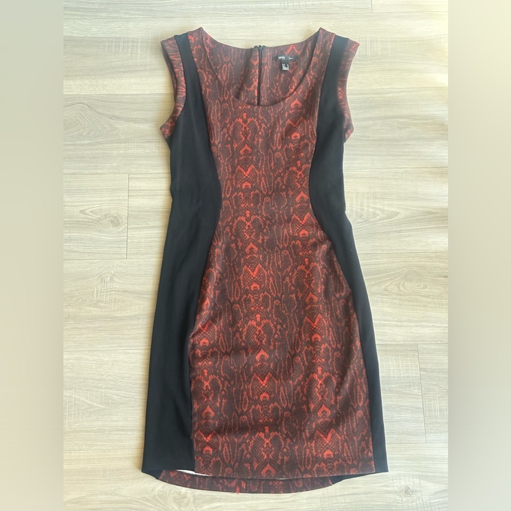 MANGO Women's Dress Red Black Snakeskin Python Sheath Sleeveless Small